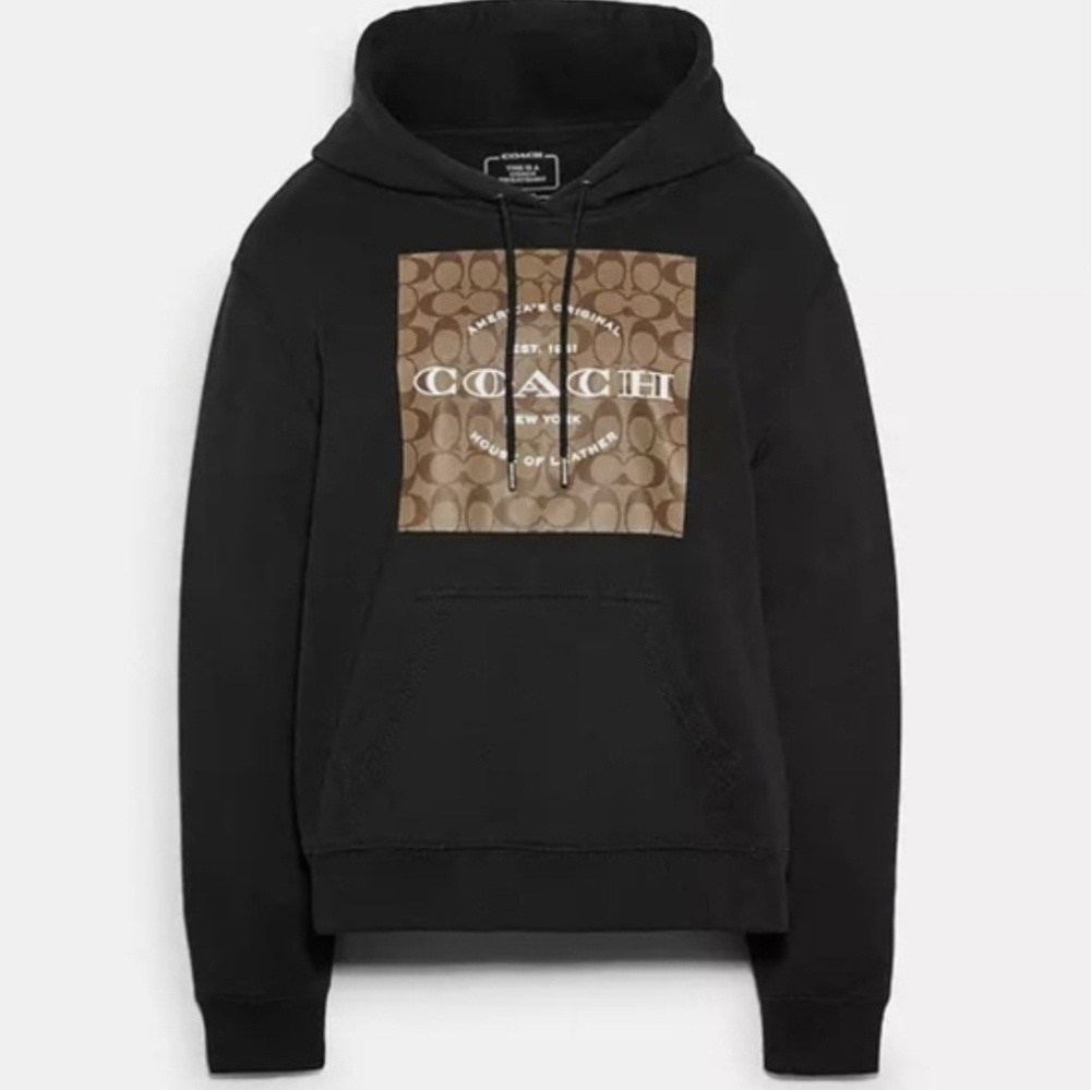 Coach Black Signature Square Hoodie with Brown Logo Panel 100% Cotton C8784 - Picture 7 of 8